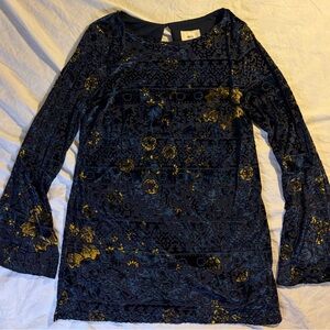 Vintage 90s ECI New York Burnout Velvet Patchwork Tunic Top Bell Sleeves Size M